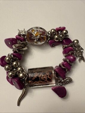 Artisan Murano Style Lampwork Glass Magenta Stone Silver Charm Boho Cuff #235